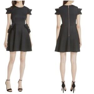 TED BAKER DENEESE Ruffle COLD SHOULDER FIT FLARE SKATER DRESS Black sz 3/ US 8